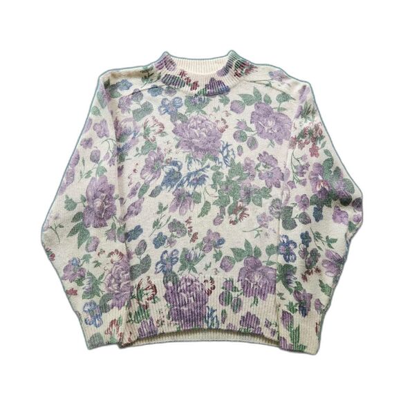 VTG Womens Knit Sweater Floral Grandmacore Sz L Coquette Silk Wool Cottagecore - Picture 4 of 6
